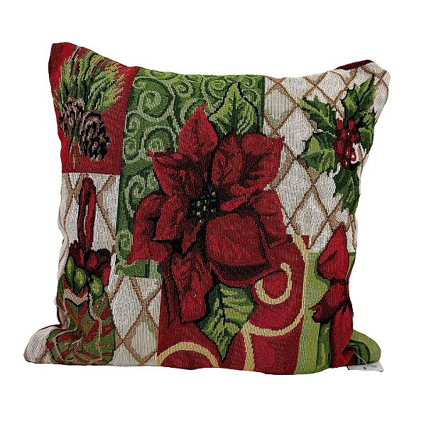 Almofada Natalina Gobelin Bico de Papagaio e Pinhas 45x45cm com Enchimento - Magizi