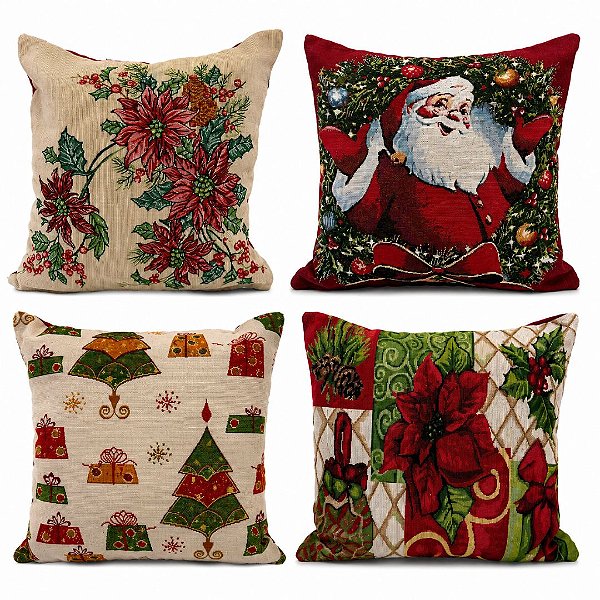 Jogo 4 Capas de Almofada Estampa Natalina Gobelin Prime Bico de Papagaio, Papai Noel e Pinheiro 45x45cm - Magizi
