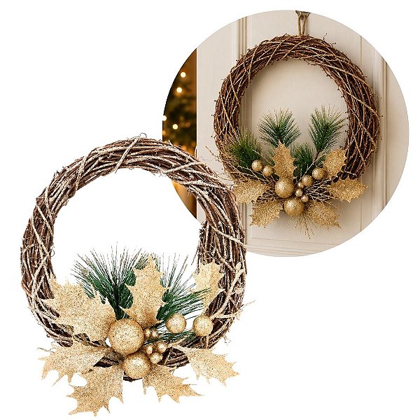Guirlanda Natalina Rústica Fibra Natural 25cm Mix Folhagens Champanhe - Magizi