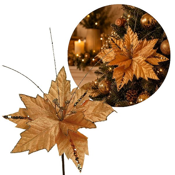 Flor Bico de Papagaio Natalina Pick Veludo Dourada 25x25cm Glitter e Lantejoulas