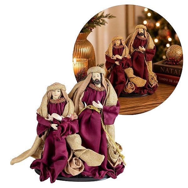 Sagrada Família Decorativa Natalina 25cm Presépio com Tecido Seda Vinho e Bege Luxo