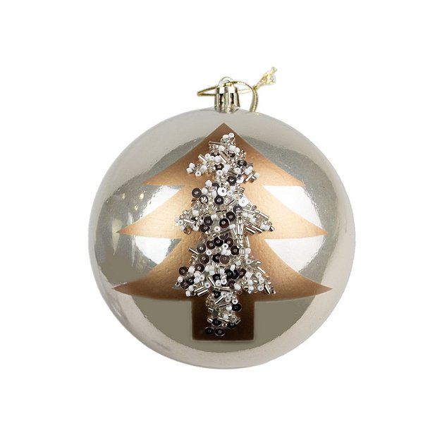 Bola de Natal Luxo Champanhe 12cm  Pinheiro Dourado, Missangas e Lantejoulas Decorativa