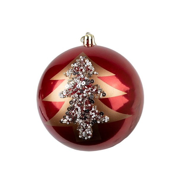 Bola de Natal Luxo Vermelha 12cm  Pinheiro Dourado, Missangas e Lantejoulas Decorativa