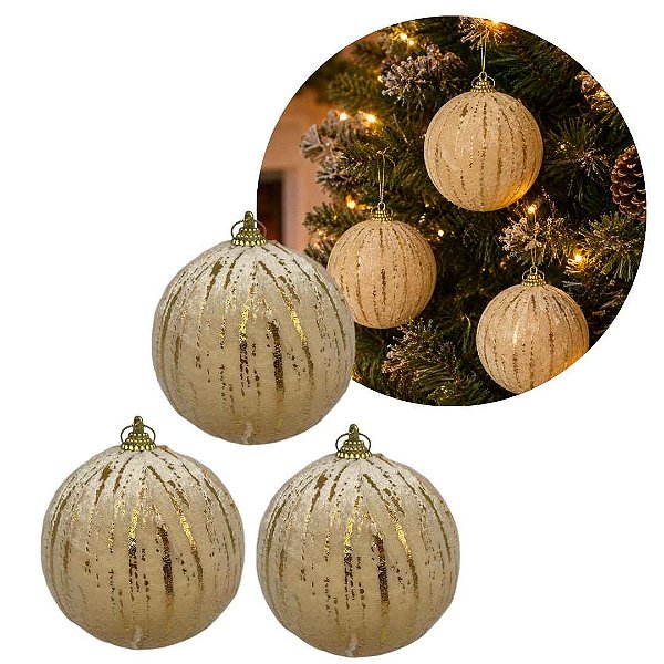 Kit 3 Bolas de Natal Bege Aveludadas 8cm com Rajado Dourado Luxo Decorativas