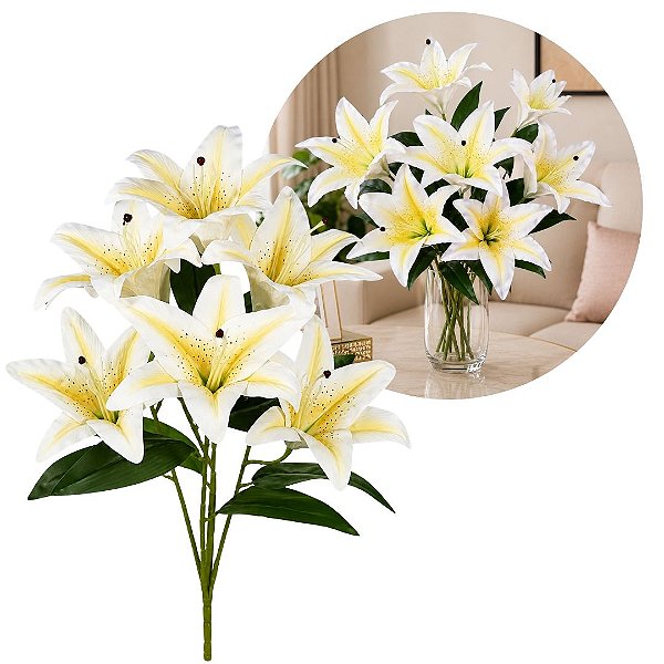 Buquê Permanente de Lírios Brancos 3D Silicone Premium 7 Flores 60cm