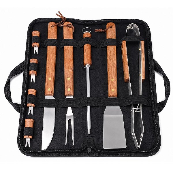 Kit Churrasco 9 Peças Aço Inox com Cabo de Madeira e Maleta com Zíper Prime