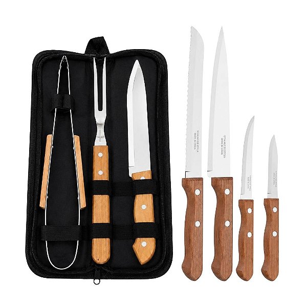 Kit 7 Peças Facas Tramontina Dynamic + Utensílios para Churrasco Aço Inox Cabo Madeira