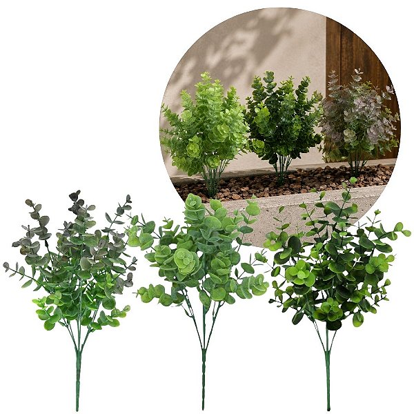 Kit 3 Mini Buquês de Eucalipto Artificial Permanente 30cm Verde Mescla Prime