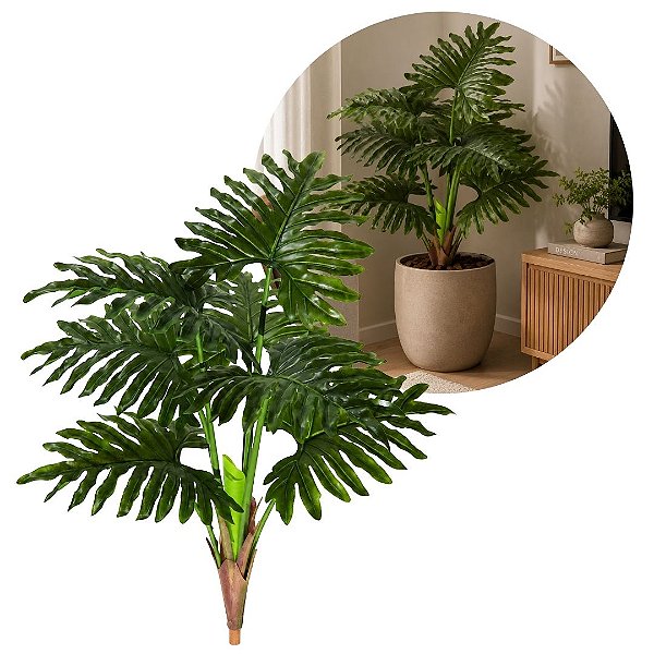 Planta Imbé Artificial Permanente 90cm com Tronco e 7 Folhas Verdes Decorativas