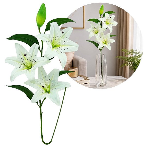 Haste Lírio Permanente 3D Silicone Branco 100cm com 3 Flores e 1 Botão