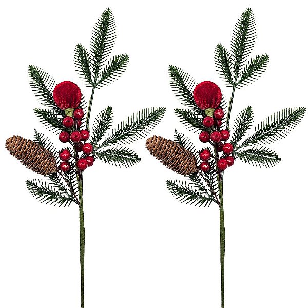 Jogo 2 Galhos Natalino Decorativo 47cm com Pinha, Berries e Bola Vermelha em Veludo Luxo
