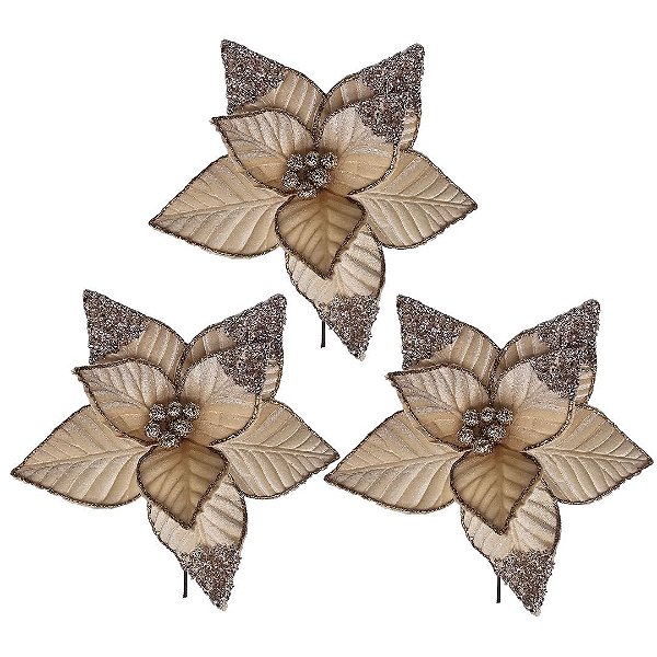 Kit 3 Flores Bico de Papagaio Natalina Veludo Champanhe 30cm com Glitter e Lantejoulas
