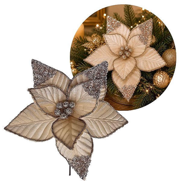Flor Bico de Papagaio Natalina Veludo Champanhe 30cm com Glitter e Lantejoulas