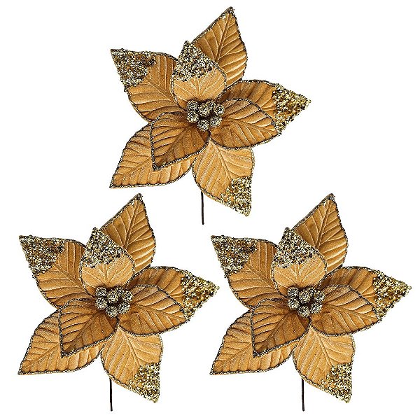 Kit 3 Flores Bico de Papagaio Natalina Veludo Luxo Ouro Velho 30cm Borda Glitter e Lantejoulas Dourado