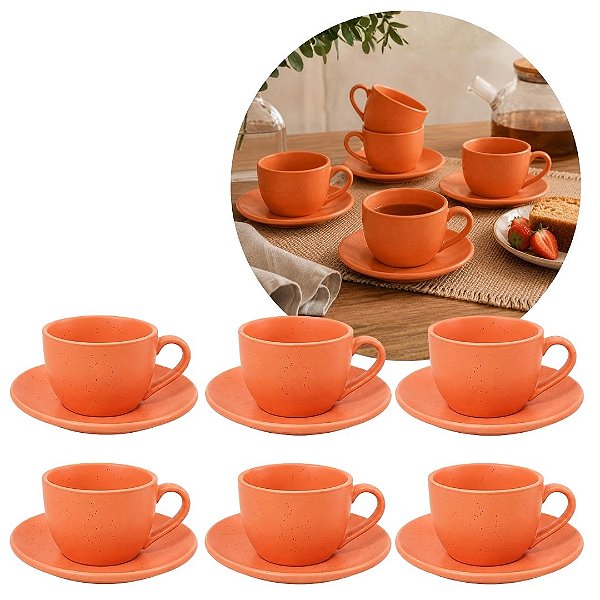 Jogo 6 Xícaras de Chá com Pires Cerâmica Viana Collection Laranja 160ml – 12 Peças