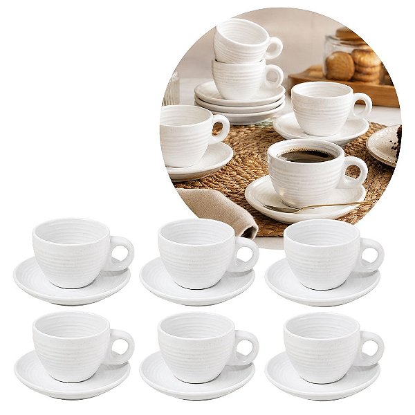 Jogo 6 Xícaras de Café com Pires Cerâmica Grace Collection Off White 90ml – 12 Peças