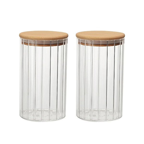 Kit 2 Potes Hermético Redondo Vidro Borossilicato Listras Clear Tampa de Bambu 750ml - Wellmix