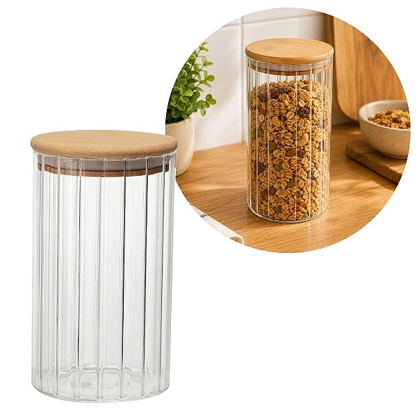 Pote Hermético Redondo Vidro Borossilicato Listrado Tampa de Bambu 750ml - Wellmix
