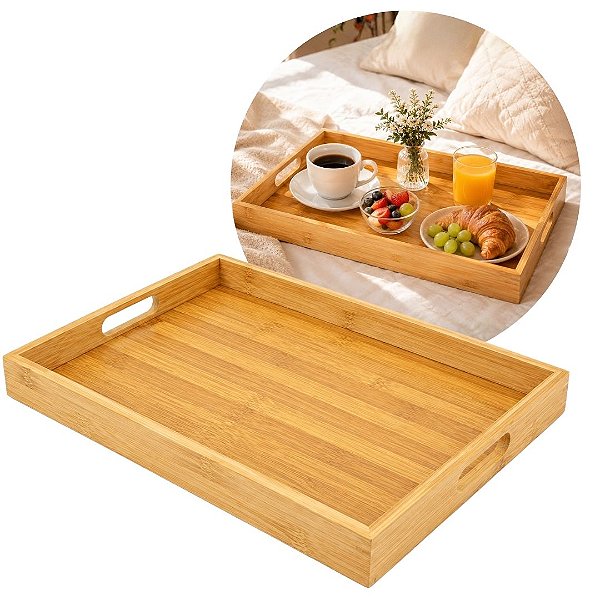 Bandeja Retangular de Bambu Grande Kazan Nature 40x28,5cm com Alças Laterais
