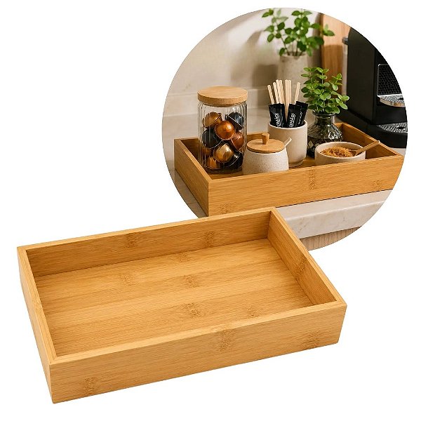 Bandeja Retangular Bambu Multiuso Para Cantinho do Café Gourmet 29,5x18cm Borda Alta
