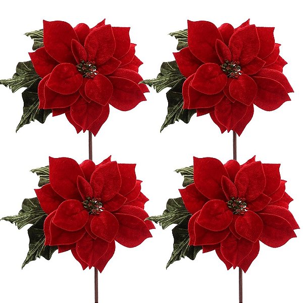 Kit 4 Flores Bico de Papagaio Natalina Veludo Vermelho 25cm com Folhagens Verdes Luxo