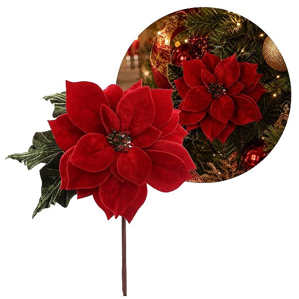 Flor Bico de Papagaio Natalina Veludo Vermelho 25cm com Folhagens Verdes Luxo