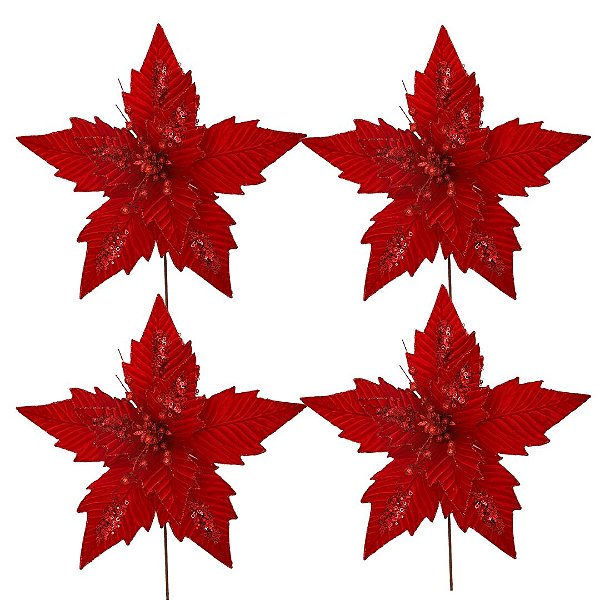 Kit 4 Flores Bico de Papagaio Natalina Gigante Veludo Vermelho 49cm com Glitter Luxo