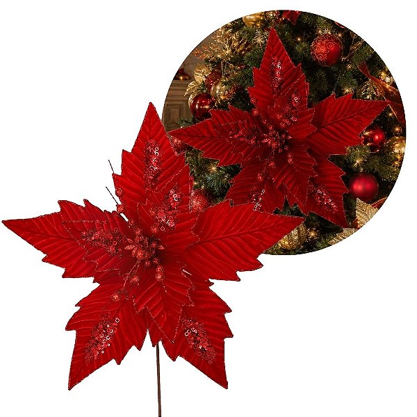 Flor Bico de Papagaio Natalina Gigante Veludo Vermelho 49cm com Glitter Luxo