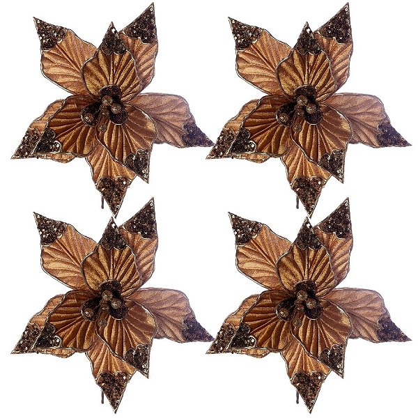 Kit 4 Flores Bico de Papagaio Natalina Veludo Marrom Luxo 30cm com Lantejoulas