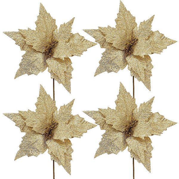 Kit 4 Flores Bico de Papagaio Natalina Dourada Full Glitter Quadriculada Prime 30cm