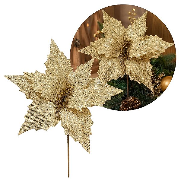 Flor Bico de Papagaio Natalina Dourada Full Glitter Quadriculada Prime 30cm