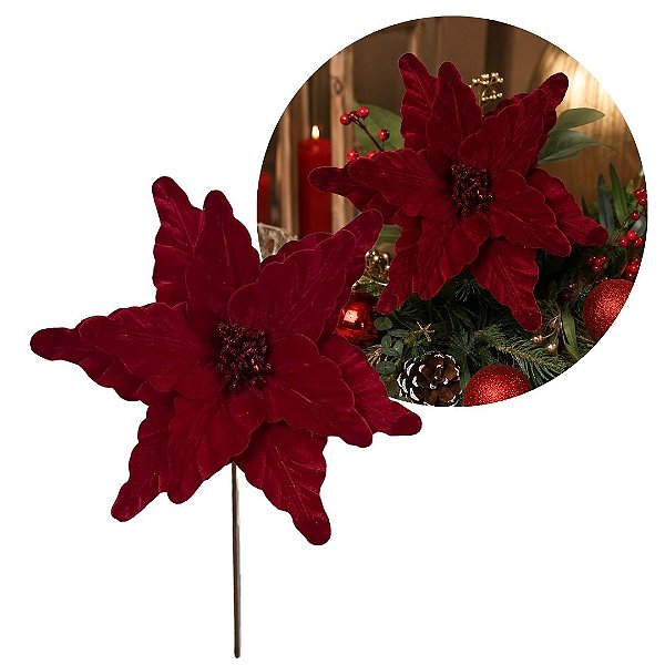 Flor Bico de Papagaio Natalina Pick Veludo Vermelho Luxo 30cm - Magizi