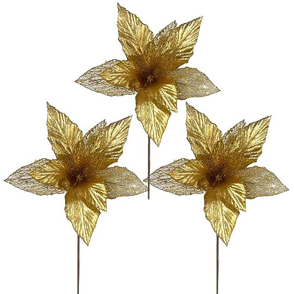 Kit 3 Flores Bico de Papagaio Natalina Dourada 25cm com Glitter e Pétalas Teladas Vazadas Luxo