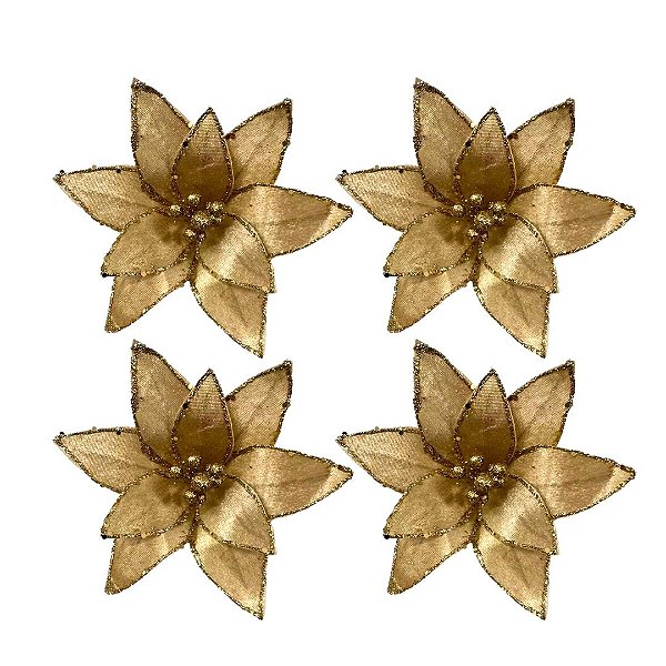 Kit 4 Flores Bico de Papagaio Natalina Veludo Champanhe 20cm com Glitter Dourado Luxo