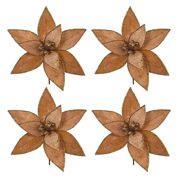 Kit 4 Flores Bico de Papagaio Natalina Veludo Ouro Velho 20cm com Glitter Dourado Luxo