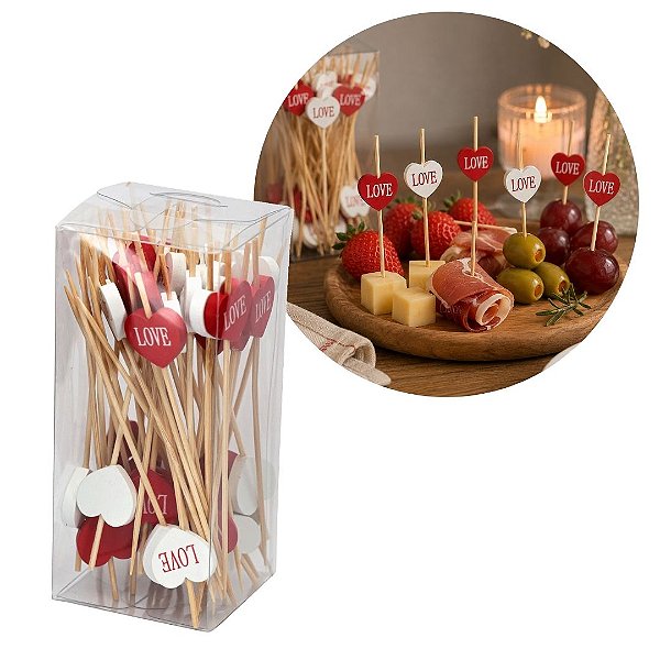 Kit 50 Palitos de Aperitivo Bambu 12cm Coração Love Vermelho e Branco - Tuut