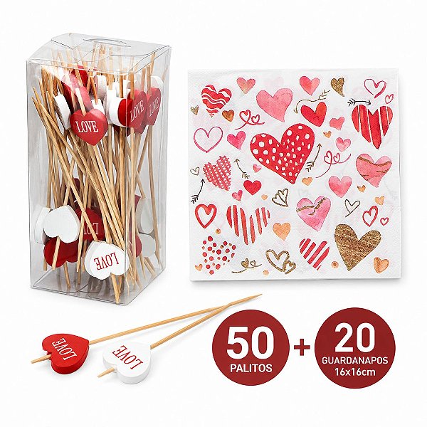Kit Love 50 Palitos de Aperitivo Bambu + 20 Guardanapos Coração Vermelho e Branco