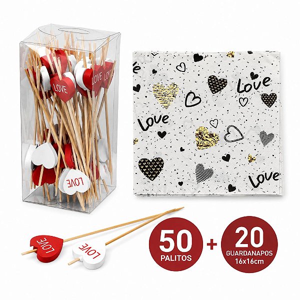 Kit Petisco 50 Palitos de Aperitivo Bambu Coração Love + 20 Guardanapos Decorados