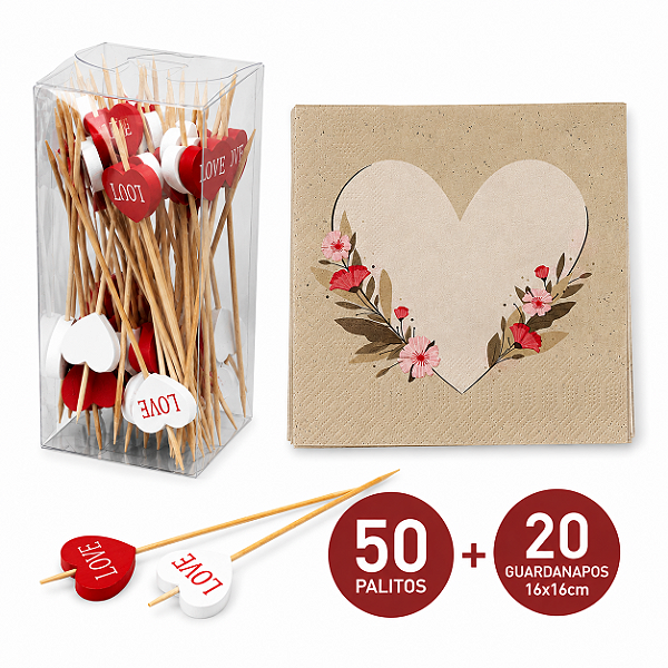 Kit 50 Palitos de Aperitivo Bambu Coração Love + 20 Guardanapos Decorados Folha Dupla