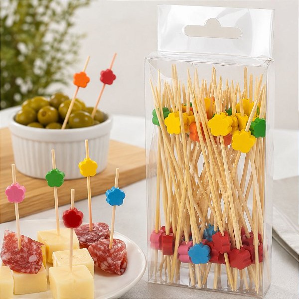 Kit 50 Palitos de Aperitivo Bambu Flowers Longo 12cm com Flores Coloridas