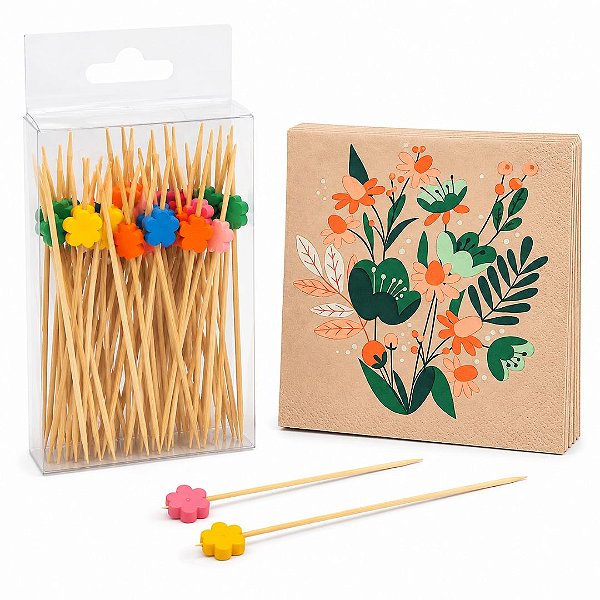 Kit Floral 50 Palitos de Aperitivo Flowers Coloridos + 20 Guardanapos Decorados Folha Dupla