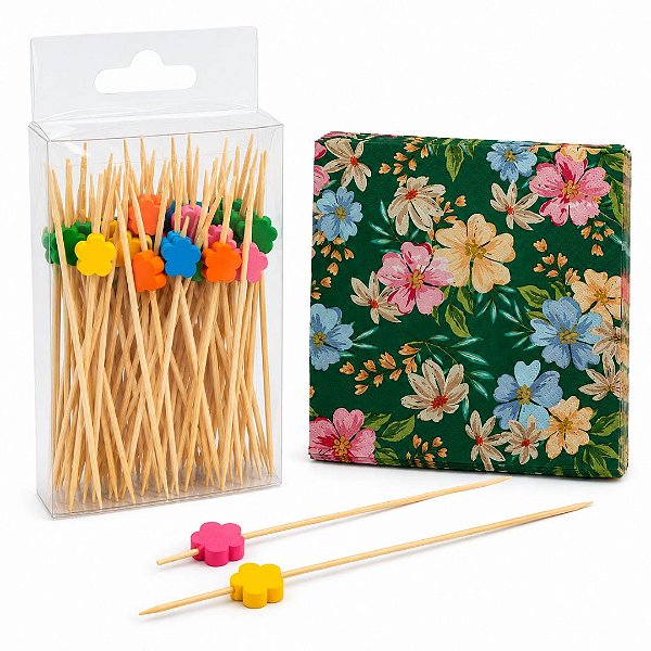 Kit 50 Palitos de Aperitivo Flores Color + 20 Guardanapos Decorados Folha Dupla Prime