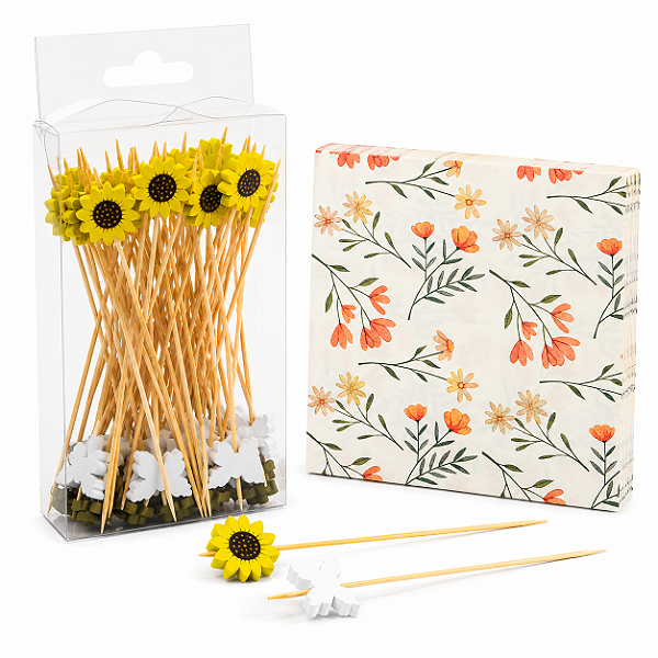 Kit Floral 50 Palitos de Aperitivo Girassol e Borboletas + 20 Guardanapos Decorados