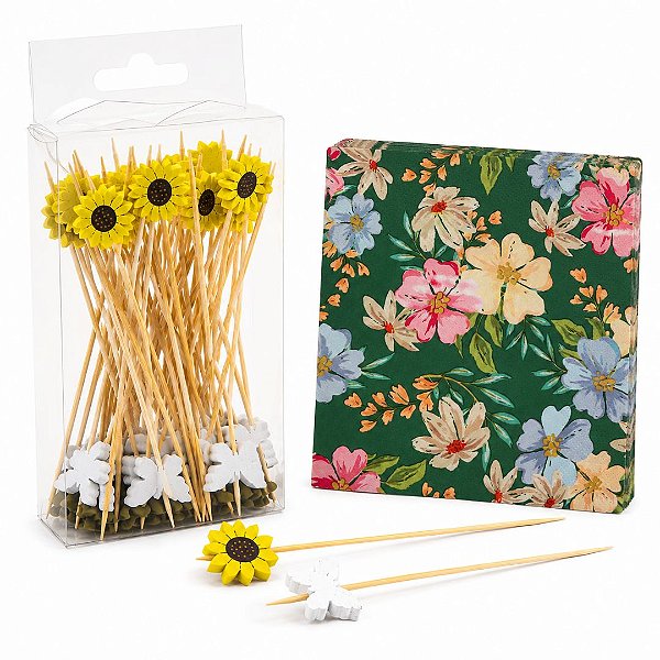 Kit Para Petisco 50 Palitos de Aperitivo Decorados Girassol e Borboletas + 20 Guardanapos Folhas Duplas