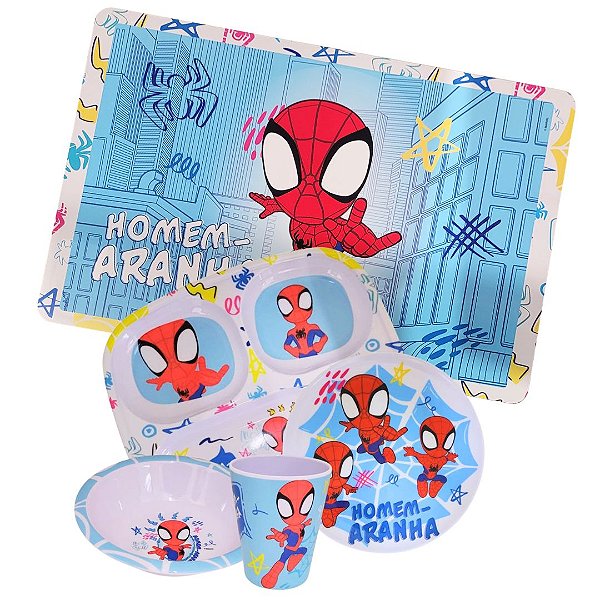 Kit Refeição Infantil Homem-Aranha Melamina 5 Peças Oficial Copo, Pratos, Bowl e Jogo Americano