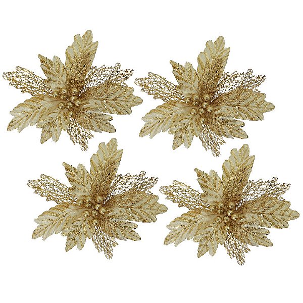 Kit 4 Flores Bico de Papagaio Natalina Pick Recort Luxo com Glitter Dourado 25cm