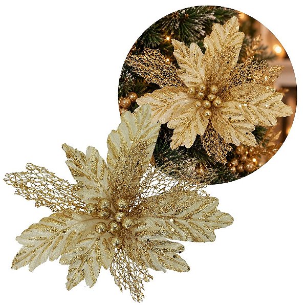 Flor Bico de Papagaio Natalina Pick Recort Luxo com Glitter Dourado 25cm