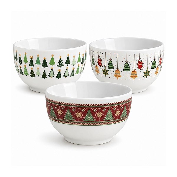 Kit 3 Cumbucas Porcelana Capri Decoradas Natal Grande 500ml  - Mundial Casa