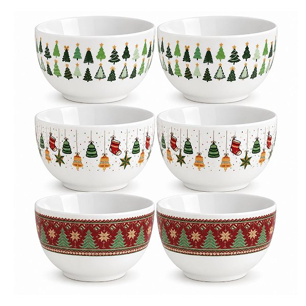 Conjunto 6 Tigelas Cumbuca Porcelana Prime Decoradas Natal 500ml - Mundial Casa