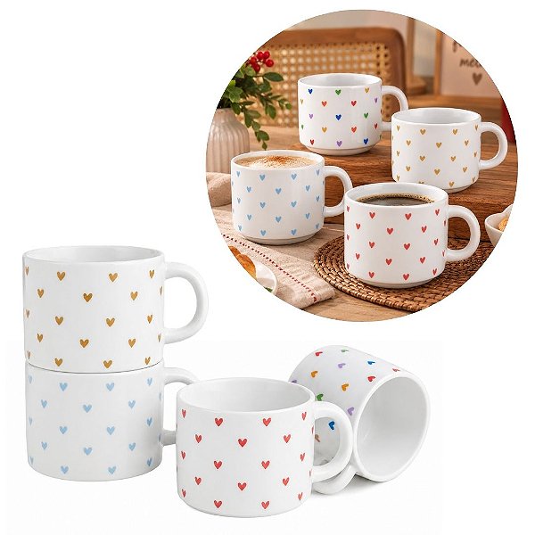 Jogo 4 Xícaras Para Chá Porcelana Empilháveis 200ml Corações Color